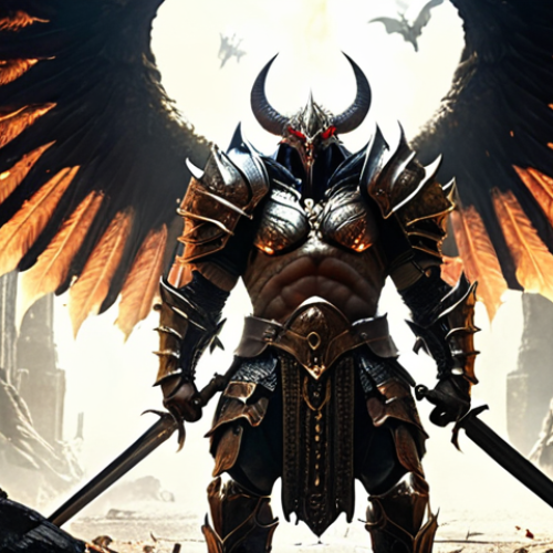 **

Prompt: A powerful warrior, fully equipped with gleaming armor and wings, facing a monstrous, intimidating boss in a fantasy environment. The warrior is surrounded by visual effects representing buffs and special abilities.

**