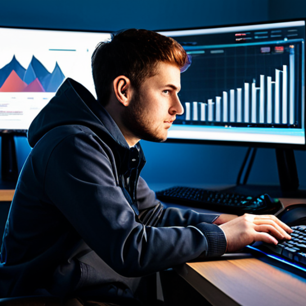 A focused male professional gamer, in his late twenties, wearing a modest, dark professional-casual jacket and trousers, sits attentively at an ergonomic gaming desk in a modern, well-lit digital workspace. His gaze is fixed on multiple large monitors displaying complex analytical data visualizations, strategic game maps, and abstract performance metrics, all designed to optimize gameplay efficiency. His hands rest naturally near a keyboard and mouse, indicating a deep, analytical engagement. The surrounding environment is clean and professional, with ambient lighting. The image emphasizes strategic thinking and meticulous planning. safe for work, appropriate content, fully clothed, professional, perfect anatomy, correct proportions, natural pose, well-formed hands, proper finger count, natural body proportions, professional photography, high quality.