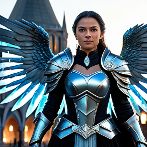 A mighty female fantasy warrior, fully clothed in a highly detailed, professional, and unique ancient-style armor set. She stands confidently in a grand, illuminated fantasy city square with intricate architecture. Majestic, iridescent wings are spread behind her, and a subtle, powerful aura glows around her. The warrior holds a unique, professionally crafted weapon. Fully clothed, modest clothing, appropriate attire, professional dress, safe for work, appropriate content, family-friendly, perfect anatomy, correct proportions, natural pose, well-formed hands, proper finger count, natural body proportions, professional photography, high quality, intricate details, epic fantasy art.