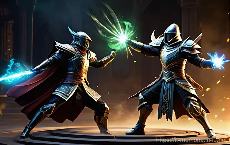 뮤 모나크 PvE와 PvP 비교 - **A heroic warrior delivers a devastating blow to a colossal, multi-limbed dungeon boss.** The warri...