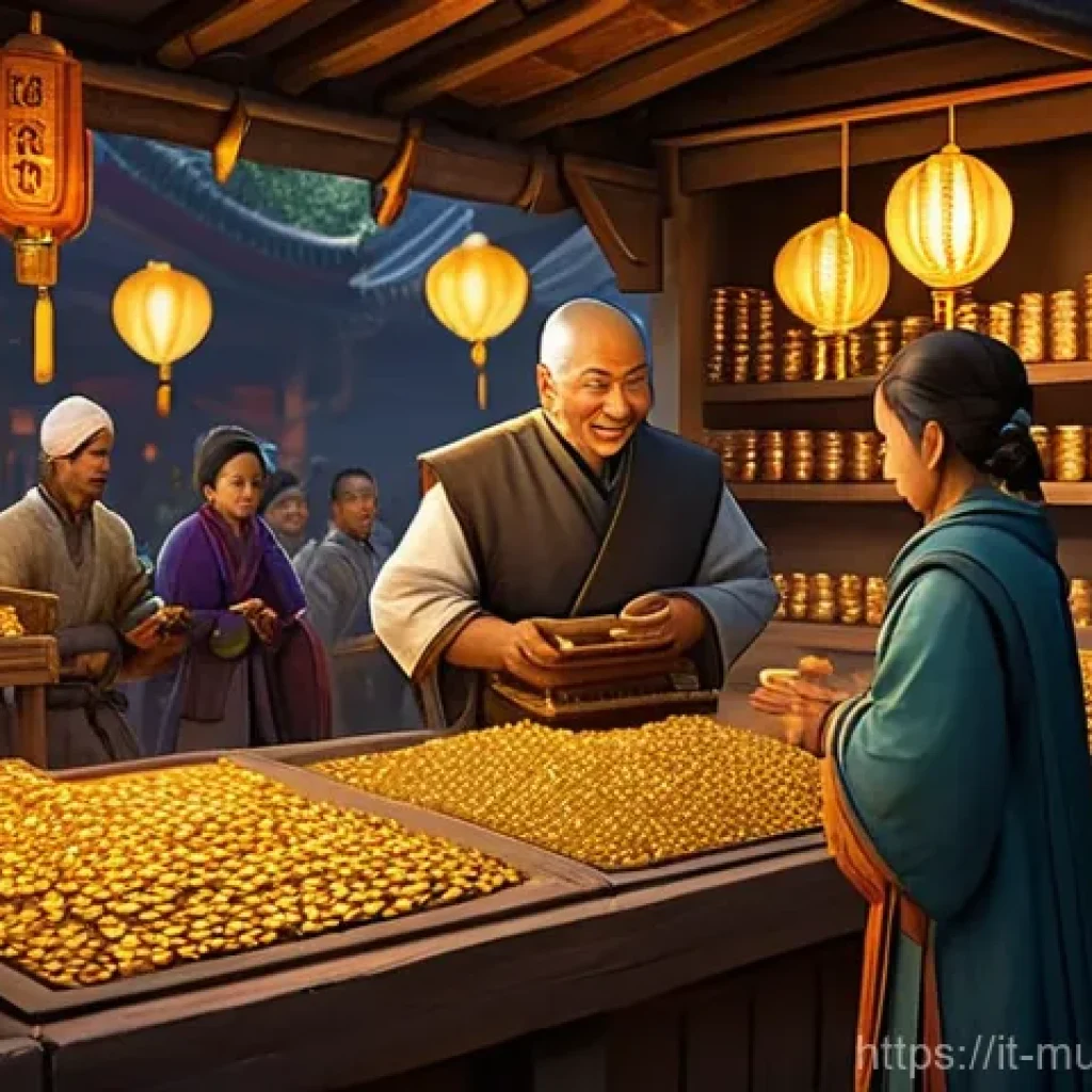 뮤 모나크 NPC 상점 위치 - **A bustling MU Monarch city market scene at dusk.** An experienced female adventurer, clad in pract...