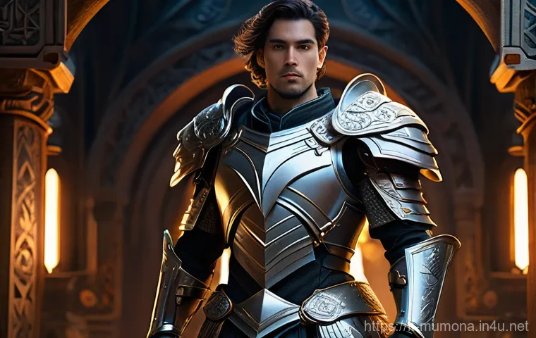 뮤 모나크 상점 아이템 추천 - **Prompt:** A majestic fantasy hero, gender-neutral, in intricately designed, full-body plate armor ...