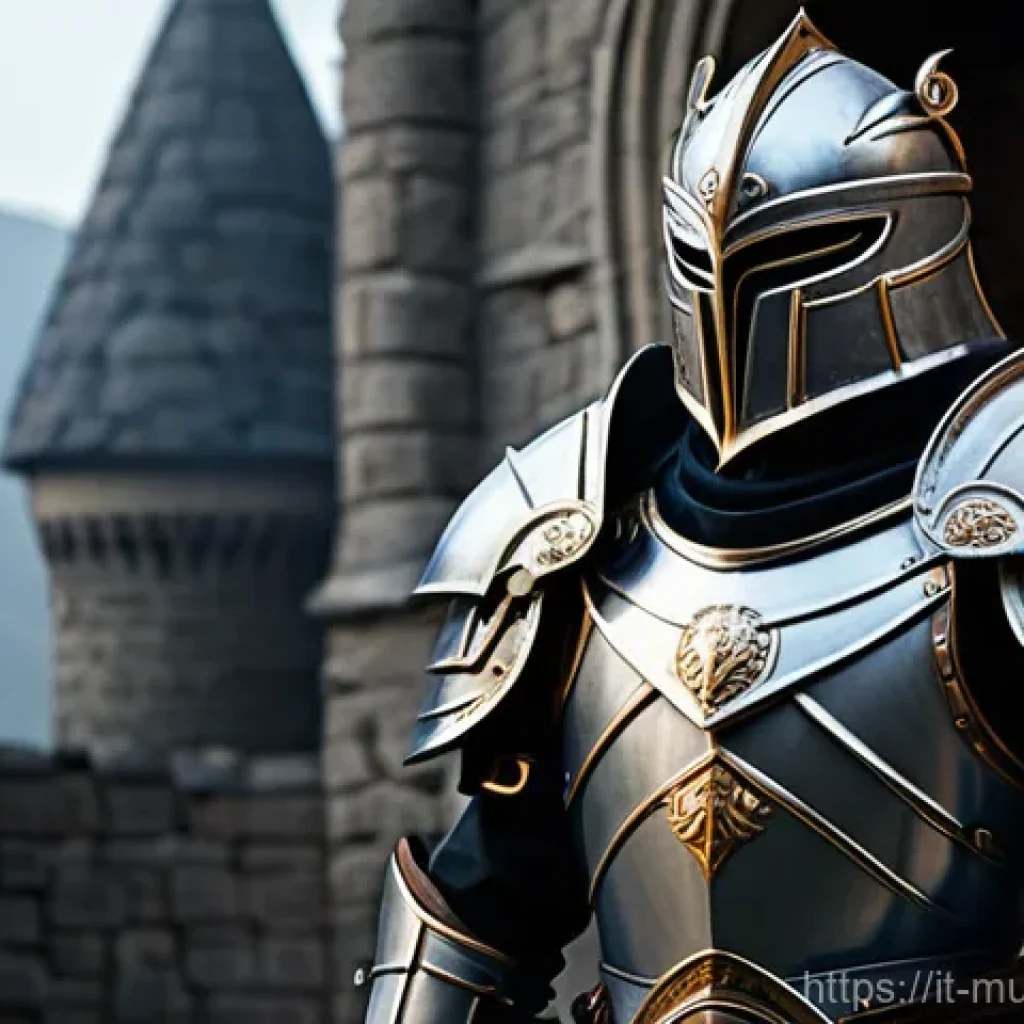 뮤 모나크 방어력 증가 아이템 - **Prompt:** A valiant male paladin standing firm in a fantastical, battle-worn castle courtyard at d...