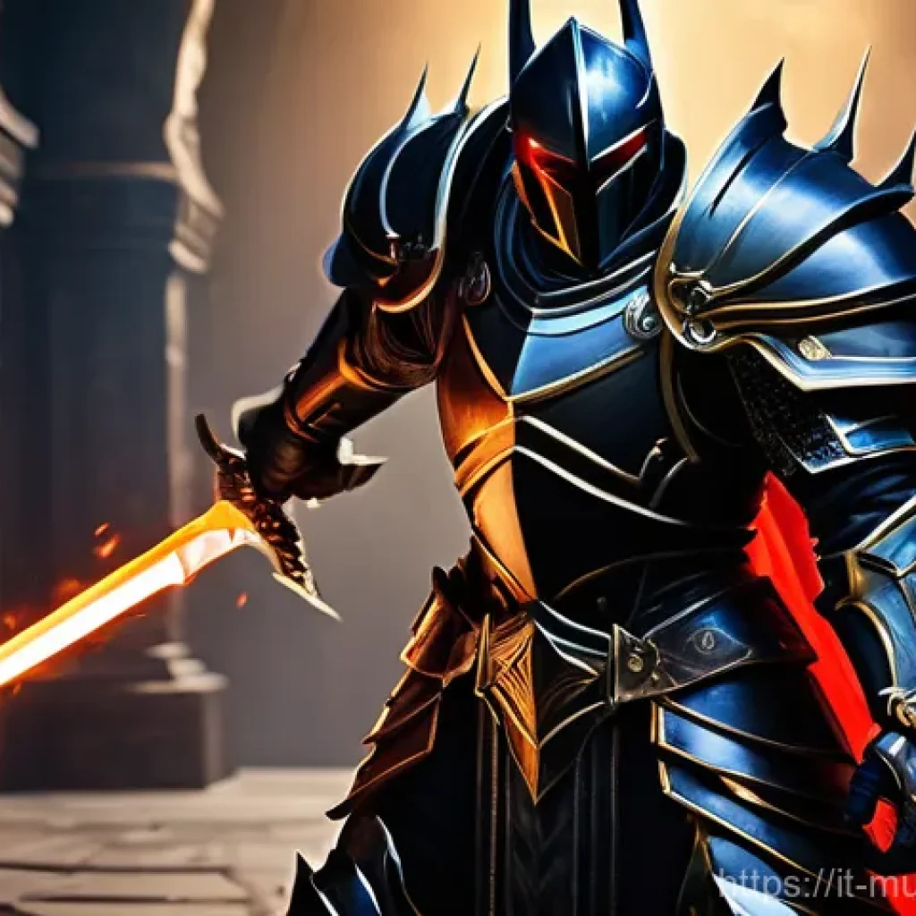 뮤 모나크 PVP 전략 - **Prompt:** A majestic male Dark Knight from the game Mu Monarch stands proudly within a grand, anci...