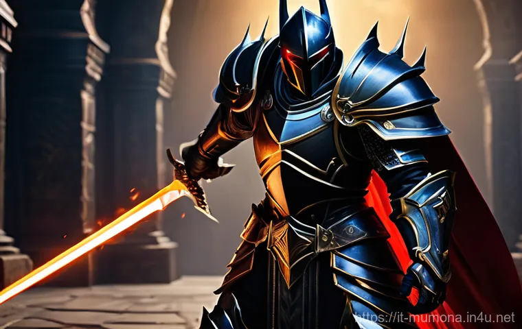 뮤 모나크 PVP 전략 - **Prompt:** A majestic male Dark Knight from the game Mu Monarch stands proudly within a grand, anci...