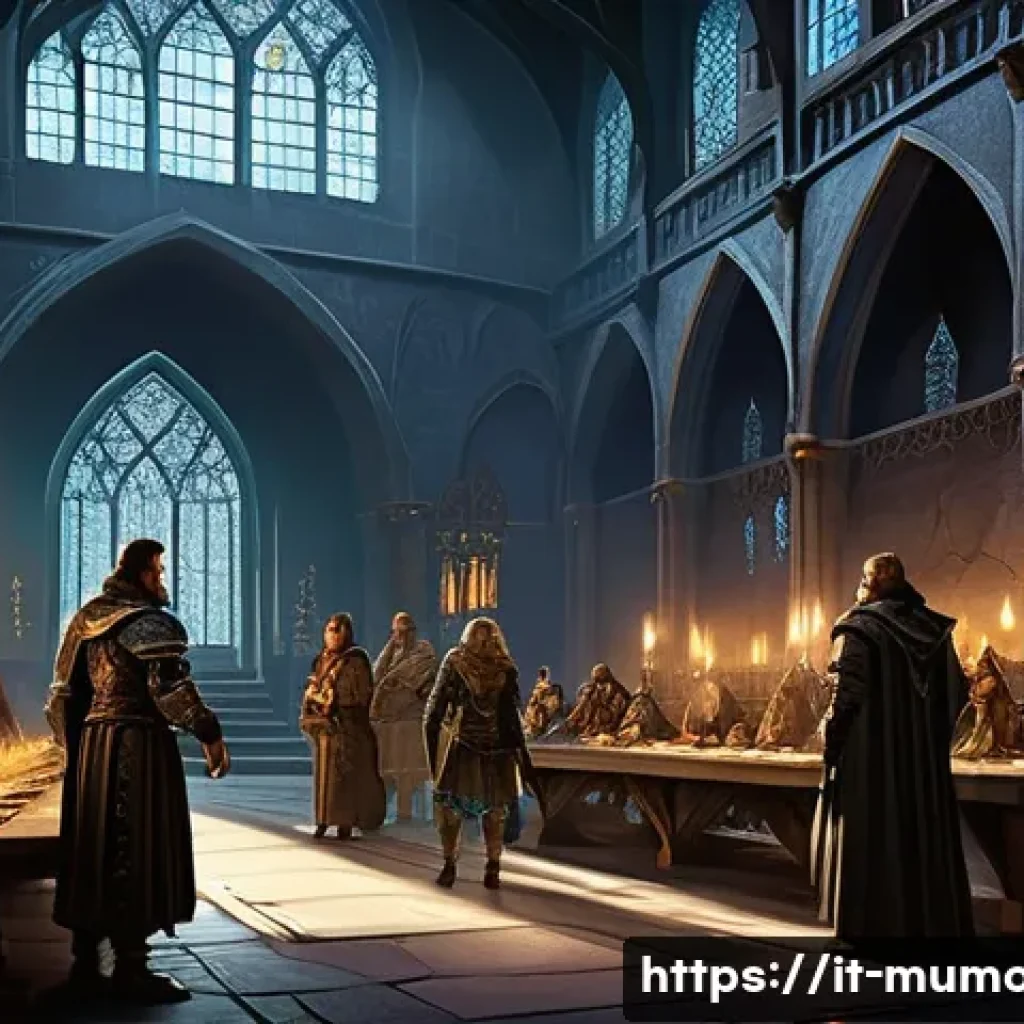 뮤 모나크 클랜 관리 방법 - **Prompt: "A vibrant, panoramic view of a diverse group of fantasy adventurers gathered around a lar...