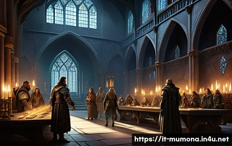 뮤 모나크 클랜 관리 방법 - **Prompt: "A vibrant, panoramic view of a diverse group of fantasy adventurers gathered around a lar...