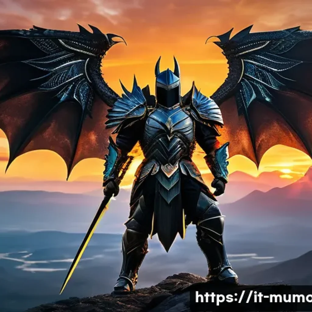 뮤 모나크 장비 제작 방법 - **A majestic Dark Knight stands valiantly on a rugged, ancient mountain peak at sunset, overlooking ...