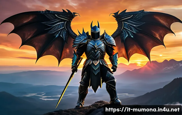 뮤 모나크 장비 제작 방법 - **A majestic Dark Knight stands valiantly on a rugged, ancient mountain peak at sunset, overlooking ...