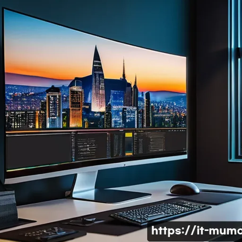 뮤 모나크 플레이 동영상 설정 - A modern, sleek home office setup featuring a high-resolution 4K monitor displaying vibrant video ed...