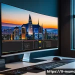 뮤 모나크 플레이 동영상 설정 - A modern, sleek home office setup featuring a high-resolution 4K monitor displaying vibrant video ed...