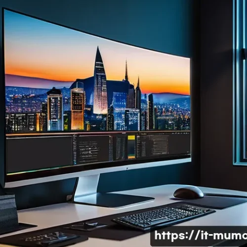 뮤 모나크 플레이 동영상 설정 - A modern, sleek home office setup featuring a high-resolution 4K monitor displaying vibrant video ed...