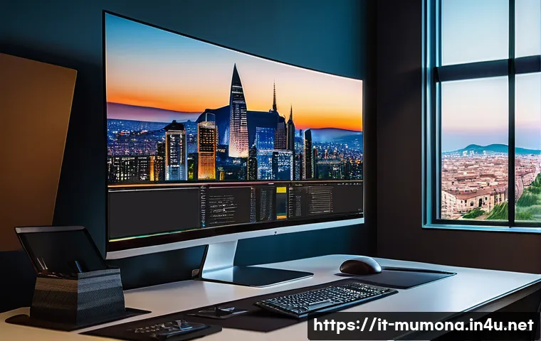 뮤 모나크 플레이 동영상 설정 - A modern, sleek home office setup featuring a high-resolution 4K monitor displaying vibrant video ed...