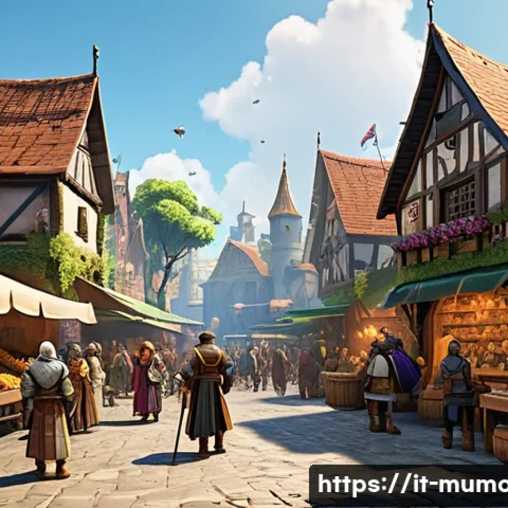 뮤 모나크 초보자 퀘스트 위치 - A vibrant fantasy city square bustling with beginner adventurers in light armor, colorful medieval-s...