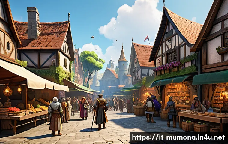 뮤 모나크 초보자 퀘스트 위치 - A vibrant fantasy city square bustling with beginner adventurers in light armor, colorful medieval-s...