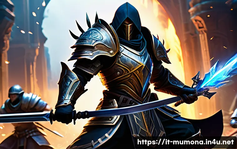 뮤 모나크 신규 업데이트 패치노트 - A dynamic battle scene in a fantasy MMORPG setting featuring a tactical warrior character using an a...