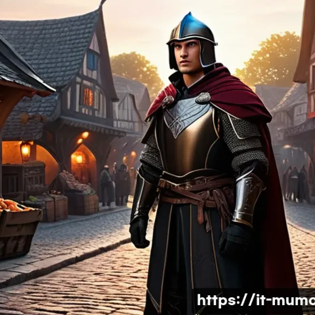 뮤 모나크 캐릭터 외형 저장 - A heroic fantasy character standing confidently in a medieval-style village square during sunset, we...
