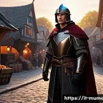 뮤 모나크 캐릭터 외형 저장 - A heroic fantasy character standing confidently in a medieval-style village square during sunset, we...