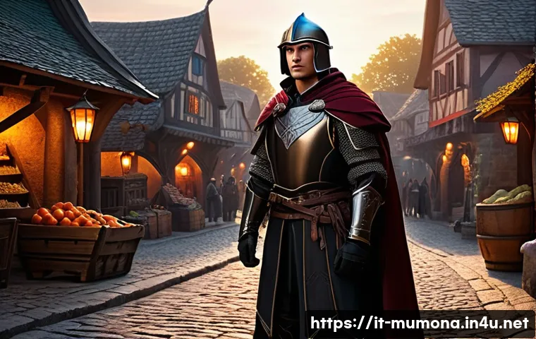 뮤 모나크 캐릭터 외형 저장 - A heroic fantasy character standing confidently in a medieval-style village square during sunset, we...