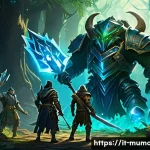 뮤 모나크 재료 아이템 파밍법 - A dynamic fantasy game scene depicting a skilled party of adventurers farming rare materials in a lu...