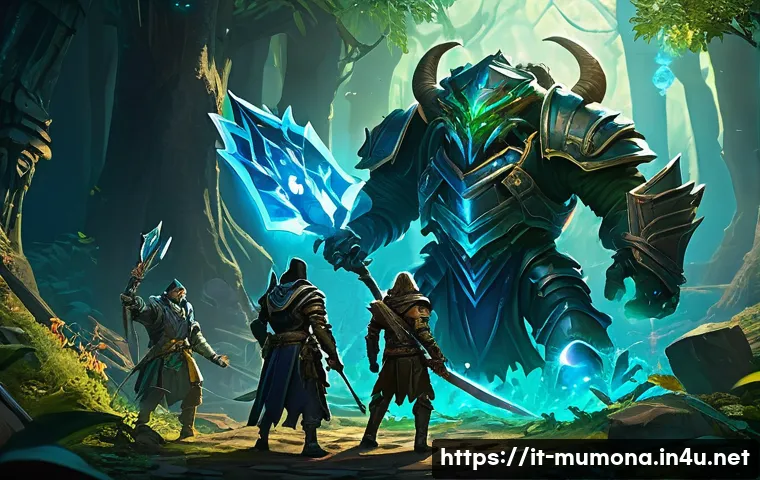 뮤 모나크 재료 아이템 파밍법 - A dynamic fantasy game scene depicting a skilled party of adventurers farming rare materials in a lu...