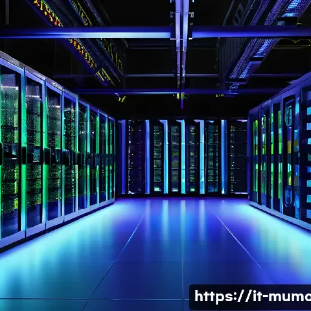 뮤 모나크 서버 이전 방법 - A detailed digital illustration of a modern data center room designed for hosting Mu Monarch game se...