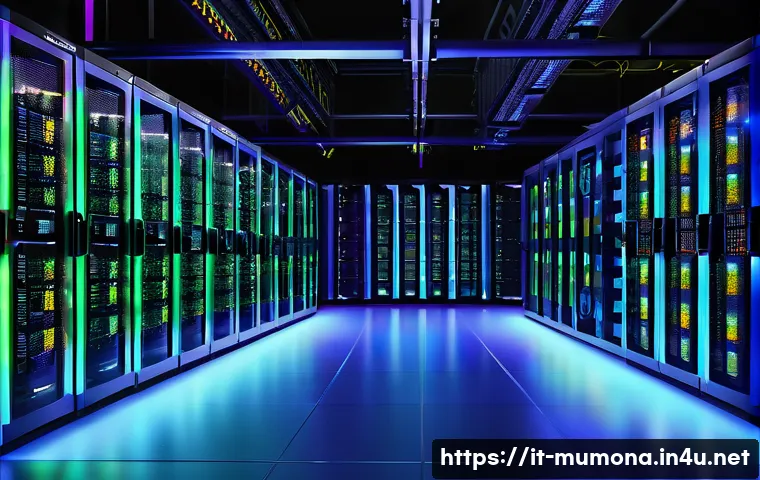 뮤 모나크 서버 이전 방법 - A detailed digital illustration of a modern data center room designed for hosting Mu Monarch game se...