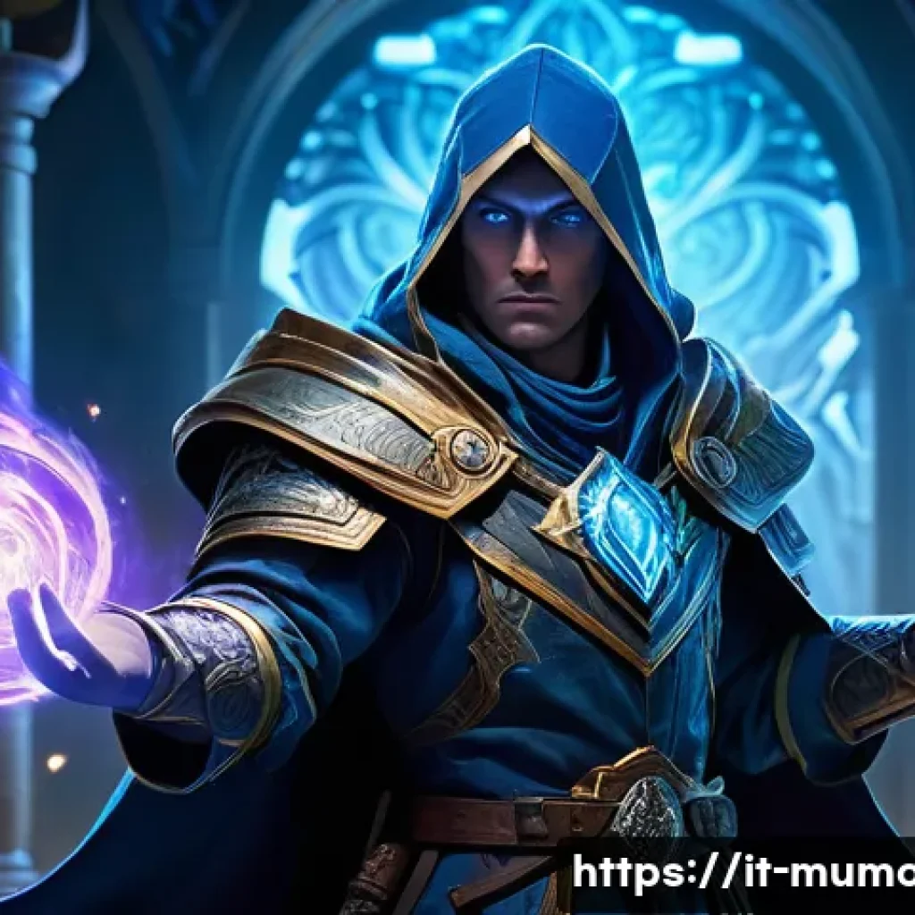 뮤 모나크 마나 관리 팁 - A skilled mage in a fantasy battle scene, wearing detailed magical robes and light armor with glowin...
