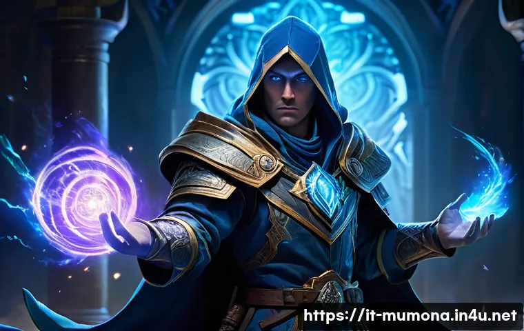 뮤 모나크 마나 관리 팁 - A skilled mage in a fantasy battle scene, wearing detailed magical robes and light armor with glowin...