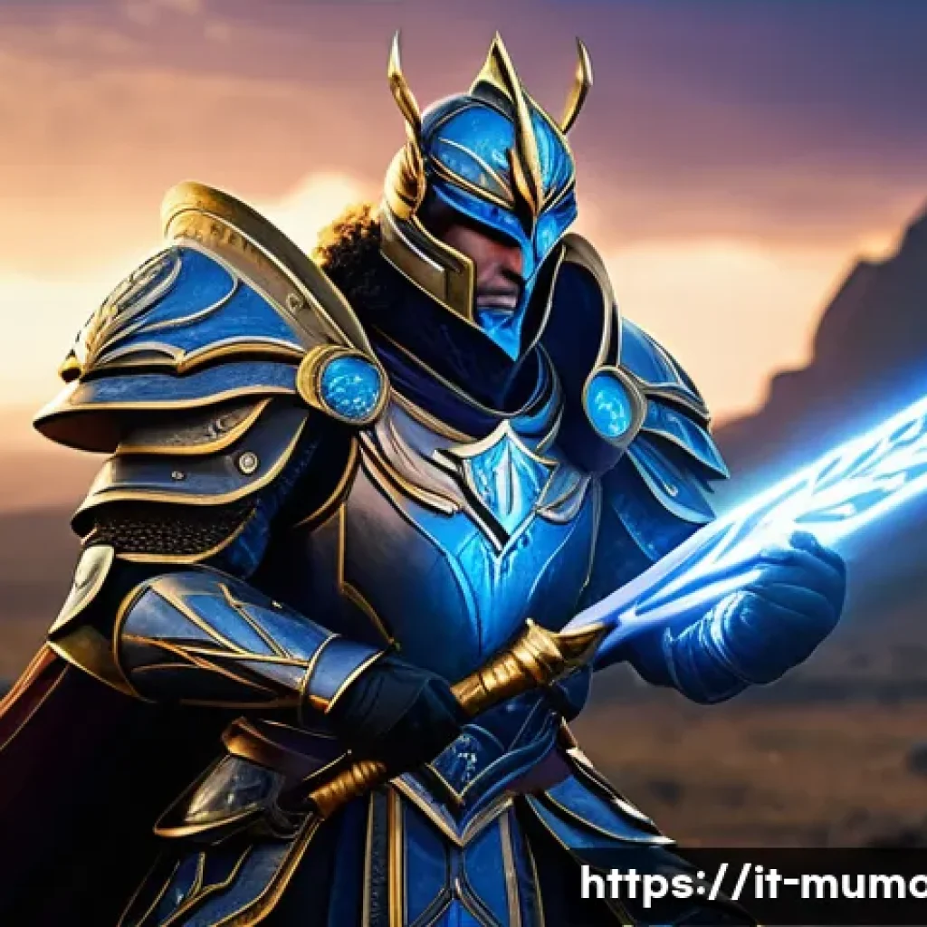 뮤 모나크 보조 캐릭터 활용법 - A powerful fantasy warrior named Mu Monarch standing strategically at the center of a mystical battl...