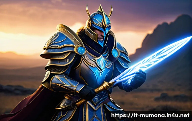 뮤 모나크 보조 캐릭터 활용법 - A powerful fantasy warrior named Mu Monarch standing strategically at the center of a mystical battl...