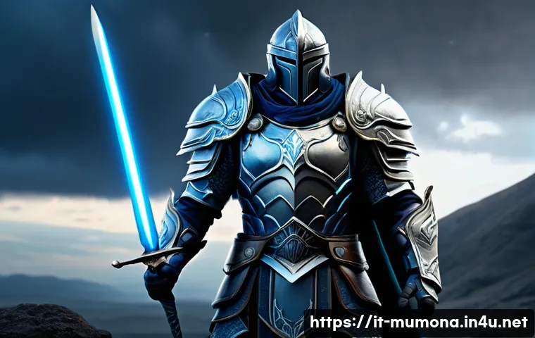 뮤 모나크 마스터 레벨 시스템 - A heroic fantasy warrior in advanced Master Level armor, glowing with ethereal blue and silver accen...