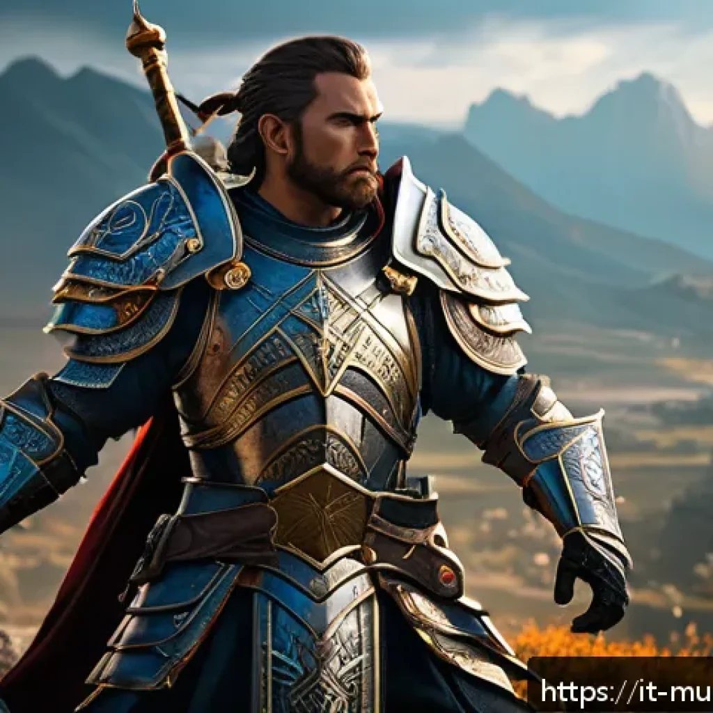 뮤 모나크 전투력 올리는 방법 - A detailed fantasy warrior character in full ornate armor designed for strength and endurance, holdi...