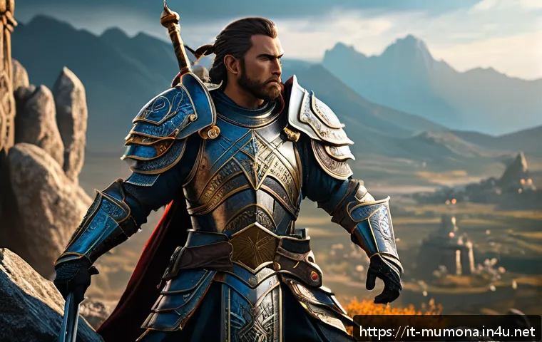 뮤 모나크 전투력 올리는 방법 - A detailed fantasy warrior character in full ornate armor designed for strength and endurance, holdi...