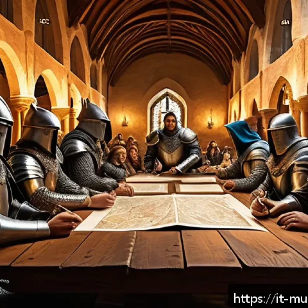 뮤 모나크 길드 시스템 - A dynamic fantasy guild meeting scene inside a grand medieval hall with diverse characters communica...