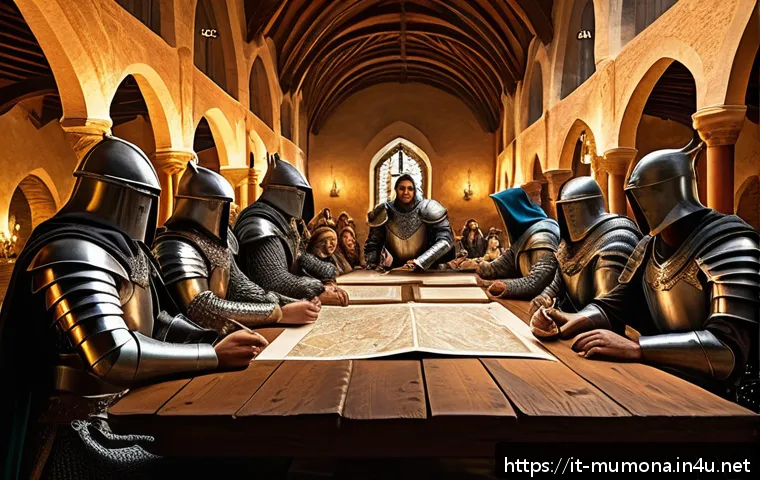 뮤 모나크 길드 시스템 - A dynamic fantasy guild meeting scene inside a grand medieval hall with diverse characters communica...