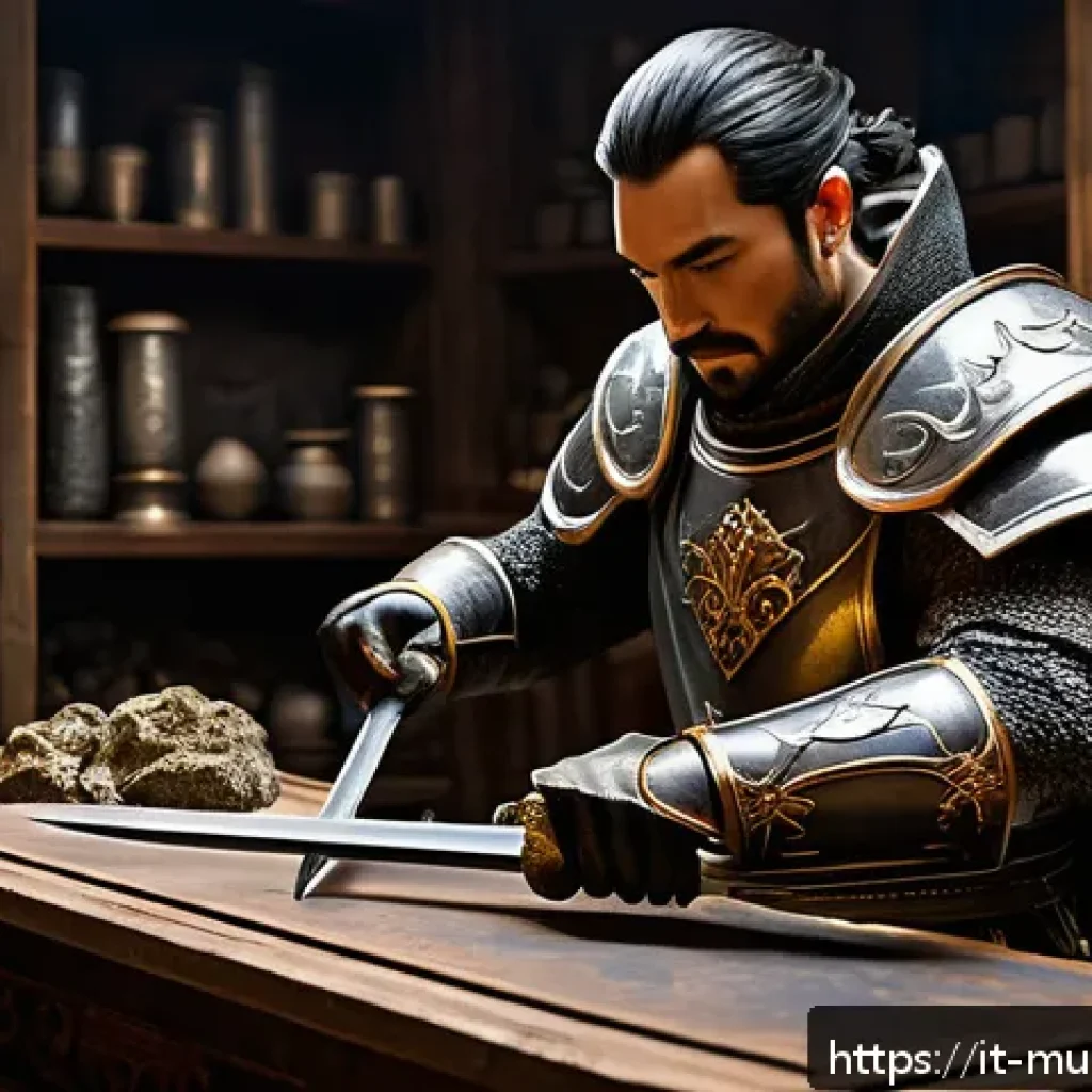 뮤 모나크 장비 강화 성공 확률 - A detailed fantasy game workshop scene focusing on the enhancement process of a Mu Monarch weapon. T...