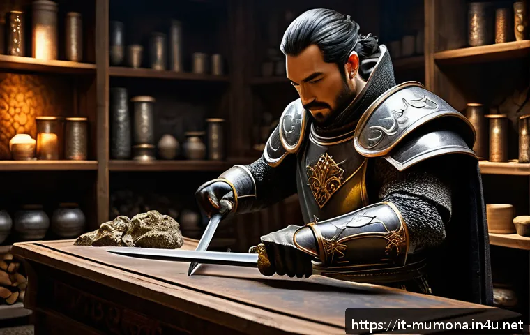 뮤 모나크 장비 강화 성공 확률 - A detailed fantasy game workshop scene focusing on the enhancement process of a Mu Monarch weapon. T...