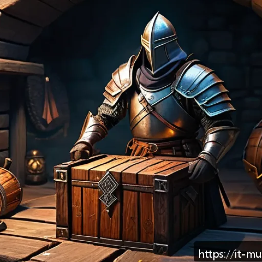 뮤 모나크 장비 복구 시스템 - A detailed fantasy RPG inventory management scene showing a skilled warrior character organizing equ...