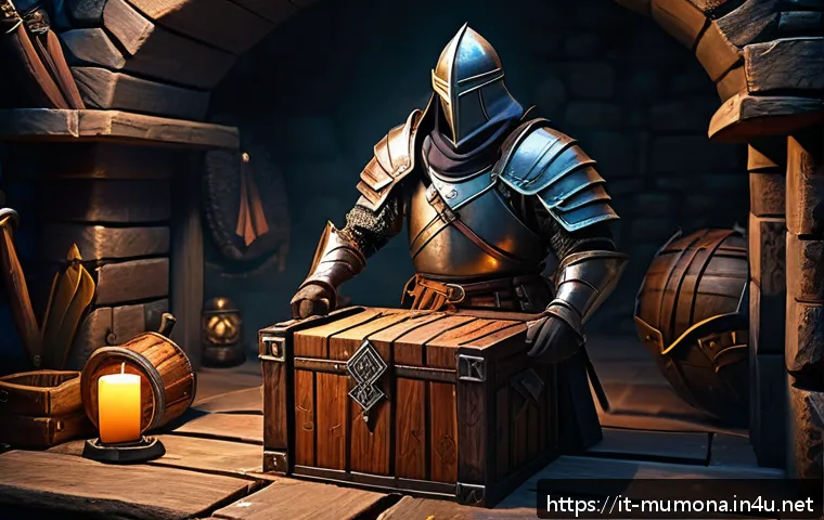 뮤 모나크 장비 복구 시스템 - A detailed fantasy RPG inventory management scene showing a skilled warrior character organizing equ...