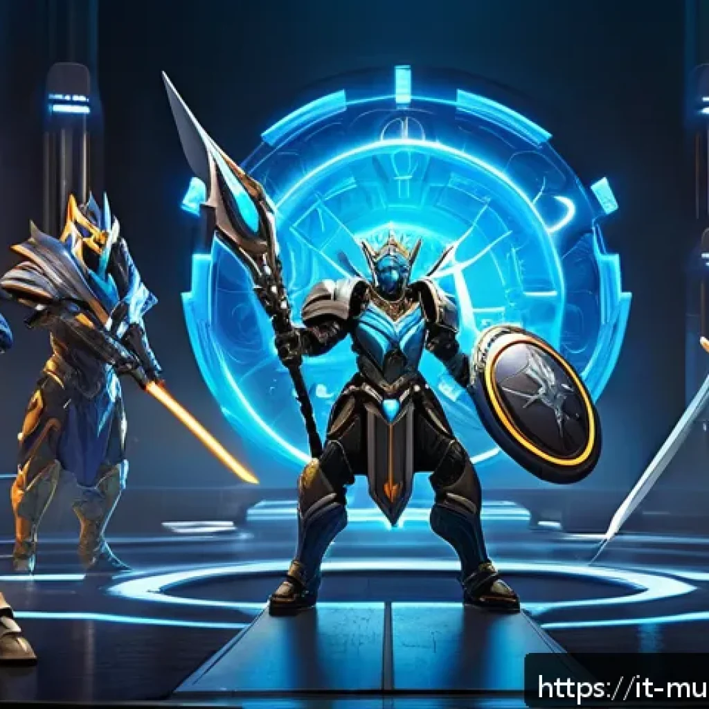 뮤 모나크 이벤트 참여 가이드 - A dynamic scene of a high-tech fantasy battle arena featuring diverse characters preparing for the M...