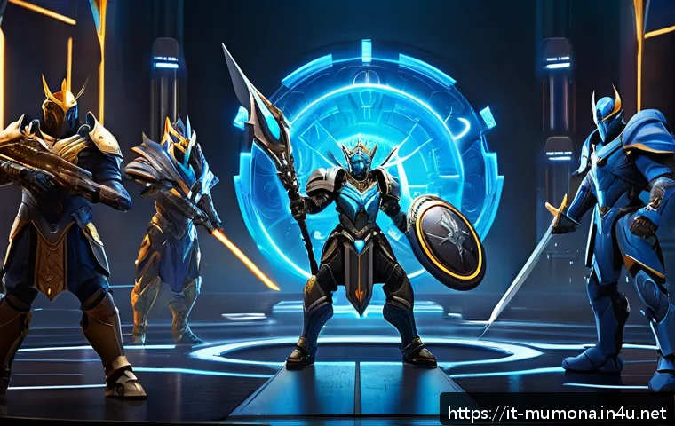 뮤 모나크 이벤트 참여 가이드 - A dynamic scene of a high-tech fantasy battle arena featuring diverse characters preparing for the M...