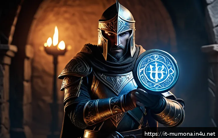 뮤 모나크 룬 시스템 이해하기 - A dynamic fantasy warrior character in detailed armor equipped with glowing magical runes embedded o...