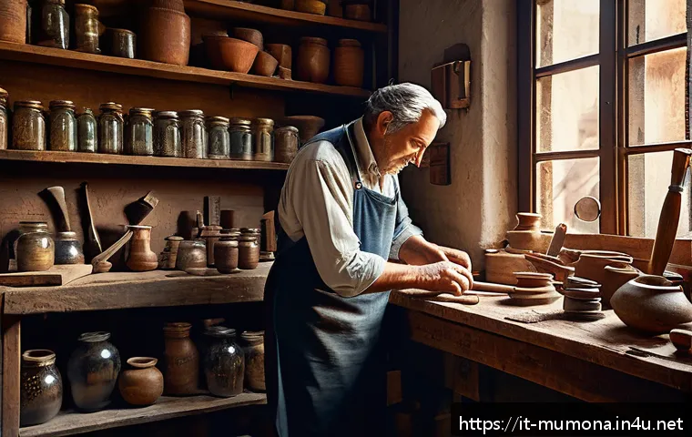 뮤 모나크 유물 아이템 - A cozy Italian vintage workshop scene featuring an artisan handcrafting an intricate wooden object u...