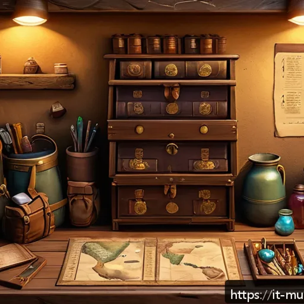 뮤 모나크 인벤토리 확장법 - A detailed fantasy game inventory scene showing a well-organized backpack filled with categorized it...