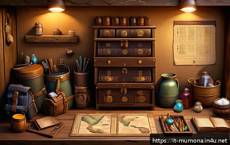 뮤 모나크 인벤토리 확장법 - A detailed fantasy game inventory scene showing a well-organized backpack filled with categorized it...