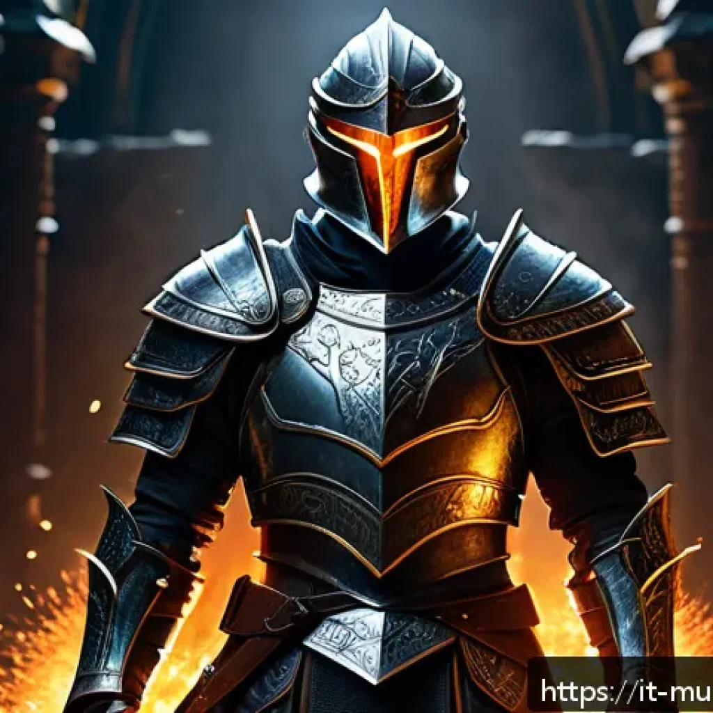 뮤 모나크 탈것 장비 강화 - A detailed fantasy warrior character fully armored with intricate metallic armor enhanced by glowing...