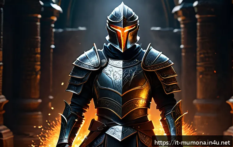 뮤 모나크 탈것 장비 강화 - A detailed fantasy warrior character fully armored with intricate metallic armor enhanced by glowing...