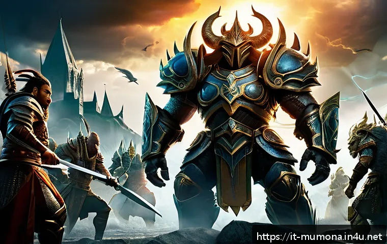 뮤 모나크 희귀 장비 드랍 위치 - A dynamic fantasy scene inside an elite arena filled with powerful enhanced monsters and imposing bo...