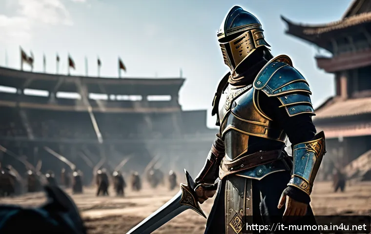 뮤 모나크 PvP 장비 추천 - A fierce PvP warrior clad in heavy armor designed for frontal combat, wielding a massive two-handed ...